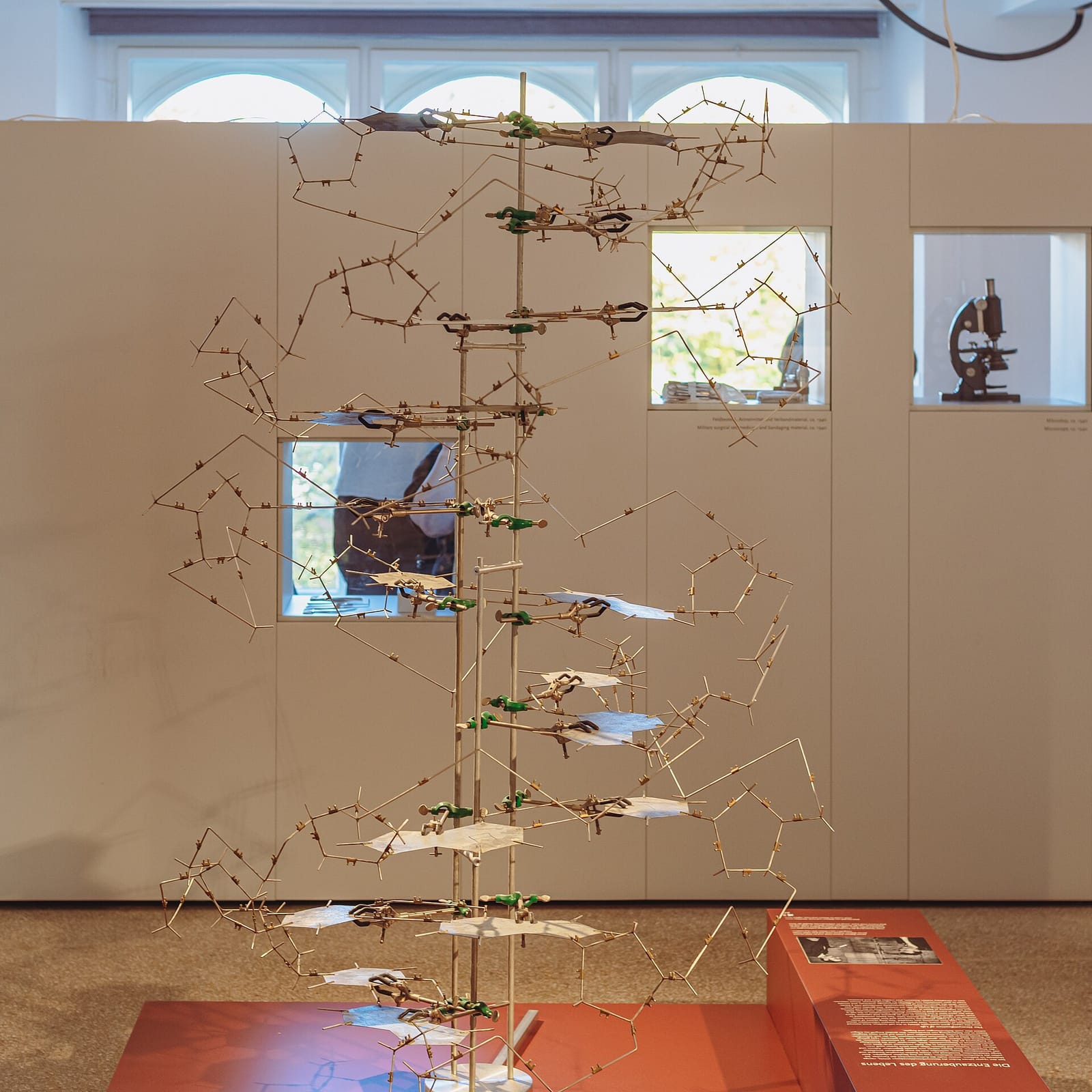 Grande réplique métallique de la double hélice d'ADN exposée dans une salle de musée.